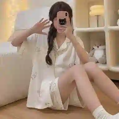 夏芬妍 柔软舒适幸运兔云朵棉翻领开衫家居服亲肤休闲短袖短裤可外穿睡衣套装 女款 杏色