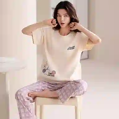 夏芬妍 简约舒适柔软复古格子草莓兔纯棉家居服透气亲肤宽松短袖圆领套头三件套可外穿睡衣套装 女款 紫色