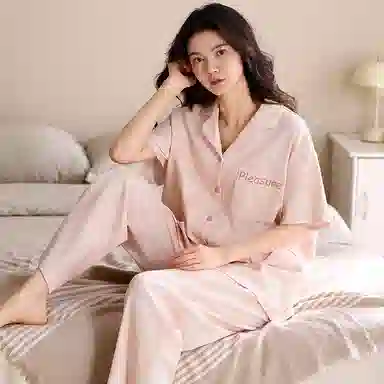 夏芬妍 简约舒适柔软不规则纹理纯棉家居服透气亲肤宽松短袖翻领三件套可外穿睡衣套装 女款 粉色