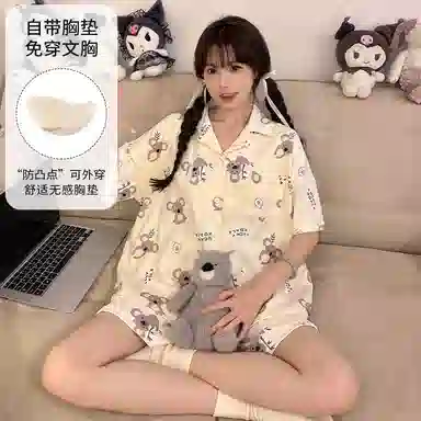 夏芬妍 柔软舒适卡通考拉翻领开衫家居服亲肤短袖短裤休闲带胸垫可外穿睡衣套装 女款