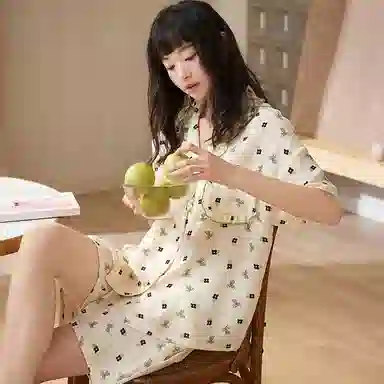 夏芬妍 甜美柔软舒适碎花蝴蝶结花边云朵棉翻领家居服亲肤休闲短袖短裤可外穿睡衣套装 女款 杏色