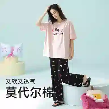 夏芬妍 时尚舒适柔软蝴蝶结樱桃小猫莫代尔棉家居服凉感透气亲肤宽松短袖长裤可外穿睡衣套装 女款 粉色