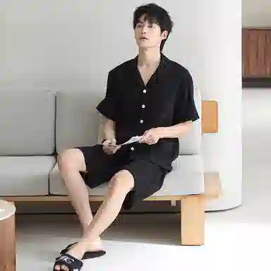 夏芬妍 休闲舒适纯色双层纱婴儿棉翻领开衫家居服柔软亲肤时尚可外穿短袖短裤睡衣套装 男女同款