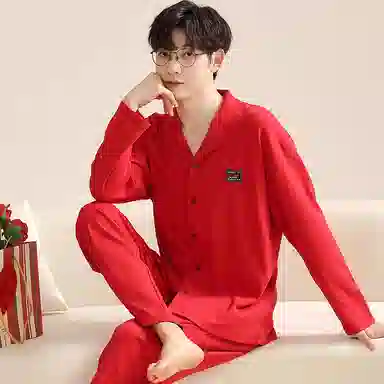 夏芬妍 亲肤舒适纯色翻领纯棉家居服简约休闲长袖长裤可外穿喜庆本命年睡衣套装 男款 红色