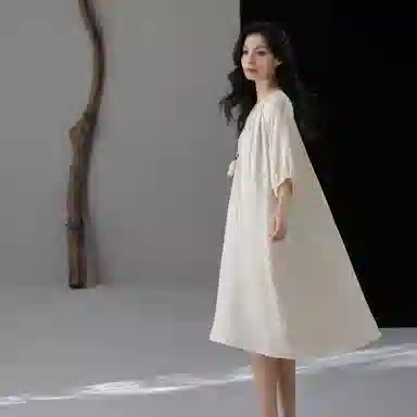 夏芬妍  轻盈舒适柔软侘寂风纯色绑绳睡衣家居服休闲亲肤宽松短袖可外穿睡裙 女款 杏色