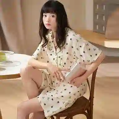 夏芬妍 甜美柔软舒适碎花蝴蝶结花边云朵棉翻领家居服亲肤休闲短袖短裤可外穿睡衣套装 女款 杏色