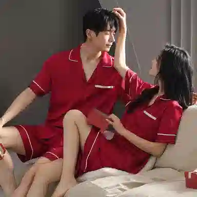 夏芬妍 大红喜庆系列  柔软舒适丝滑结婚本命年翻领冰丝家居服休闲长袖长裤短袖短裤可外穿睡衣套装 男女同款