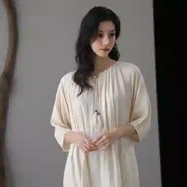 夏芬妍  轻盈舒适柔软侘寂风纯色绑绳睡衣家居服休闲亲肤宽松短袖可外穿睡裙 女款 杏色