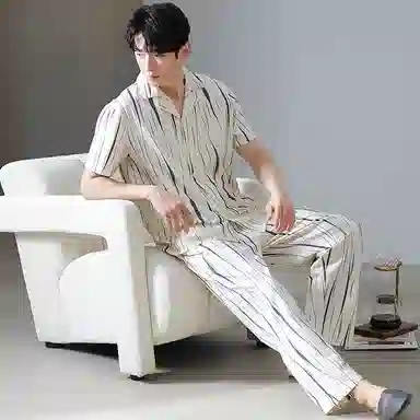 夏芬妍 简约舒适凉感艺术条纹休闲亲肤短袖长裤时尚可外穿翻领家居服睡衣套装 男款