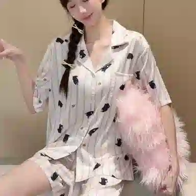 夏芬妍 甜美可爱卡通条纹蜜罐熊冰丝翻领短袖短裤家居服柔软舒适休闲可外穿夏季睡衣套装 女款