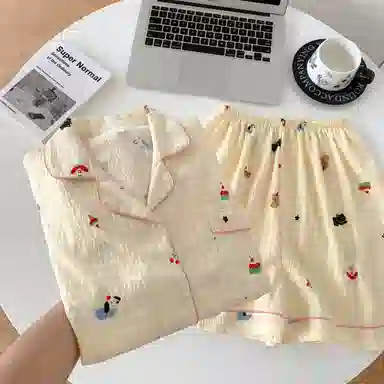 夏芬妍  可爱卡通格子小狗翻领云朵棉短袖短裤家居服柔软舒适休闲可外穿夏季睡衣套装 女款