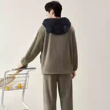夏芬妍 简约时尚亲肤卡通连帽贵妃绒家居服加绒加厚保暖舒适可外穿秋冬款睡衣套装 男款 海鸥灰