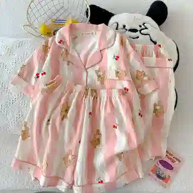 夏芬妍 柔软舒适条纹小熊云朵棉翻领开衫家居服亲肤休闲短袖三件套时尚可外穿睡衣套装 女款