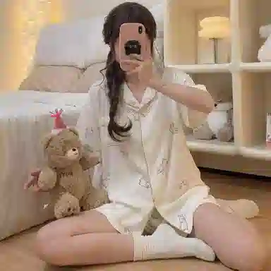 夏芬妍 柔软舒适幸运兔云朵棉翻领开衫家居服亲肤休闲短袖短裤可外穿睡衣套装 女款 杏色