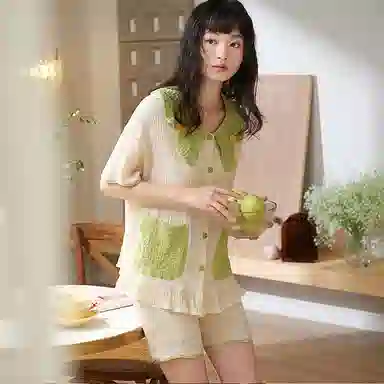 夏芬妍 甜美柔软舒适小凤梨云朵棉公主翻领家居服亲肤休闲短袖短裤可外穿睡衣套装 女款 杏绿色