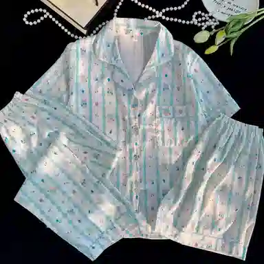 夏芬妍 可爱舒适卡通条纹小熊冰丝翻领家居服亲肤休闲短袖三件套时尚可外穿睡衣套装 女款