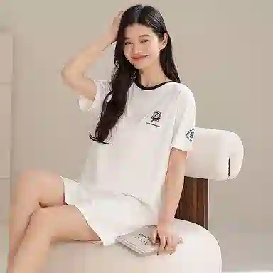夏芬妍 时尚柔软亲肤海军小熊圆领家居服简约休闲舒适短袖睡衣可外穿睡裙 女款 白色