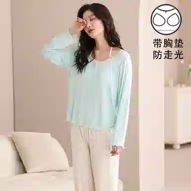 夏芬妍 时尚舒适柔软甜美假两件碎花带胸垫家居服简约休闲亲肤宽松长袖长裤可外穿睡衣套装 女款 绿色