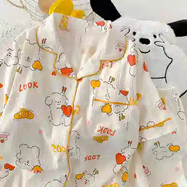 夏芬妍 柔软舒适爱心小狗云朵棉翻领开衫家居服亲肤休闲短袖短裤可外穿睡衣套装 女款 杏色