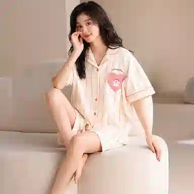 夏芬妍 甜美可爱条纹爱心小狗舒适亲肤宽松短袖短裤时尚翻领可外穿家居服睡衣套装 女款 杏色