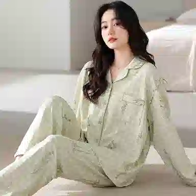 夏芬妍 休闲舒适简约高级感花卉千鸟格满印经典翻领开衫家居服宽松柔软亲肤长袖长裤可外穿睡衣套装 女款 浅绿色