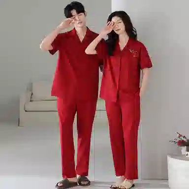 夏芬妍 喜气中国红简约柔软舒适翻领开衫本命年家居服亲肤休闲短袖长裤时尚可外穿睡衣套装 男女同款