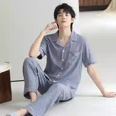 夏芬妍 柔软舒适纯色云朵棉时尚翻领开衫家居服休闲亲肤可外穿短袖长裤睡衣套装 男女同款