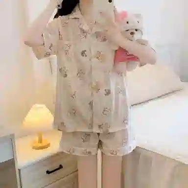 夏芬妍 柔软舒适可爱小猫咪云朵棉翻领开衫家居服亲肤休闲短袖短裤可外穿睡衣套装 女款 杏色