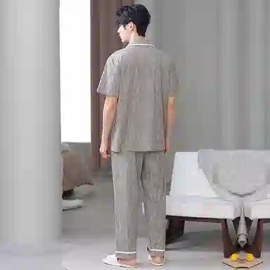 夏芬妍 简约舒适凉感经典格纹休闲亲肤短袖长裤时尚可外穿翻领家居服睡衣套装 男款