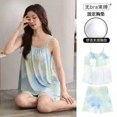 夏芬妍 甜美多巴胺晕染舒适亲肤宽松凉感吊带短裤休闲带胸垫可外穿家居服睡衣套装 女款