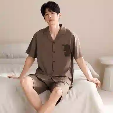 夏芬妍 简约柔软舒适纯色小猫贴袋纯棉翻领家居服透气亲肤宽松短袖短裤可外穿睡衣套装 男女同款