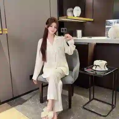 夏芬妍 时尚高级感纯色冰丝翻领家居服简约休闲舒适亲肤宽松长袖长裤可外穿睡衣套装 女款 杏色