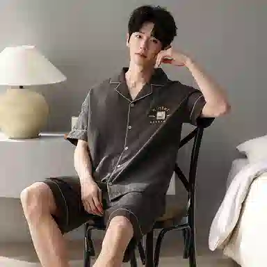夏芬妍 简约舒适柔软字母提花云朵棉翻领开衫家居服亲肤休闲短袖短裤时尚可外穿睡衣套装 男款 棕色