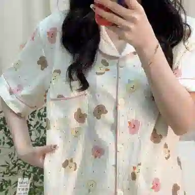 夏芬妍 柔软舒适戴帽小狗云朵棉翻领开衫家居服亲肤休闲短袖三件套时尚可外穿睡衣套装 女款 杏色