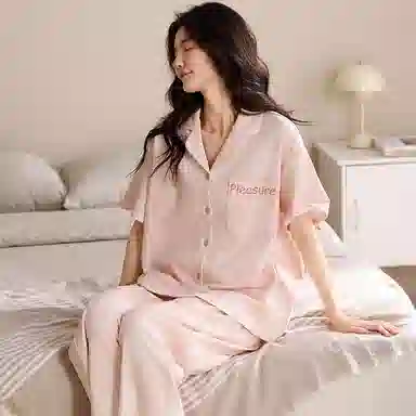 夏芬妍 简约舒适柔软不规则纹理纯棉家居服透气亲肤宽松短袖翻领三件套可外穿睡衣套装 女款 粉色