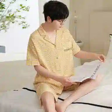 夏芬妍 柔软舒适时尚格子云朵棉翻领家居服亲肤休闲短袖短裤可外穿睡衣套装 男款 黄色