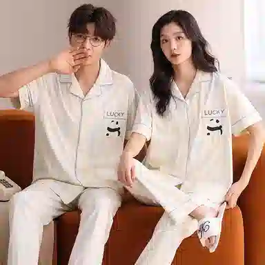 夏芬妍 柔软舒适条纹熊猫纯棉翻领家居服休闲舒适短袖短裤时尚可外穿 睡衣套装 男女同款