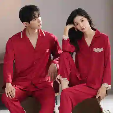 夏芬妍 大红喜庆系列  舒适丝滑柔软结婚本命年翻领冰丝家居服休闲长袖长裤短袖短裤可外穿睡衣套装 男女同款