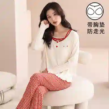 夏芬妍 时尚舒适柔软甜美假两件格子带胸垫家居服简约休闲亲肤宽松长袖长裤可外穿睡衣套装 女款 红色