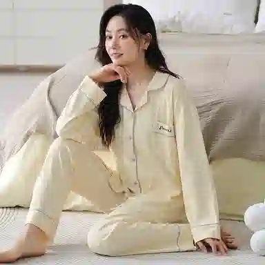 夏芬妍 休闲舒适简约高级感千鸟格满印经典翻领开衫宽松柔软亲肤长袖长裤可外穿睡衣套装 女款 黄色