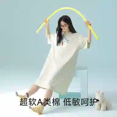夏芬妍 时尚舒适柔软纯色萌萌小狗莫代尔棉睡衣家居服凉感透气亲肤宽松短袖短裤可外穿睡裙 女款 浅绿色