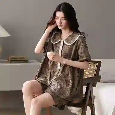 夏芬妍 简约舒适柔软复古蕾丝纯棉翻领家居服透气亲肤宽松短袖短裤可外穿睡衣套装 女款 棕色
