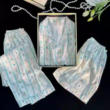 夏芬妍 可爱舒适卡通条纹小熊冰丝翻领家居服亲肤休闲短袖三件套时尚可外穿睡衣套装 女款