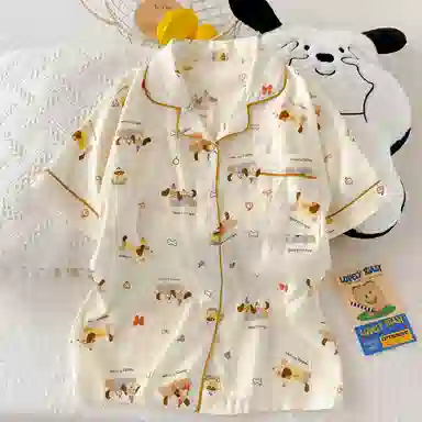 夏芬妍 柔软舒适欢乐腊肠狗云朵棉翻领开衫家居服亲肤休闲短袖短裤可外穿睡衣套装 女款 杏色