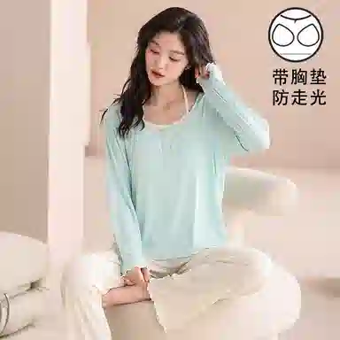 夏芬妍 时尚舒适柔软甜美假两件碎花带胸垫家居服简约休闲亲肤宽松长袖长裤可外穿睡衣套装 女款 绿色