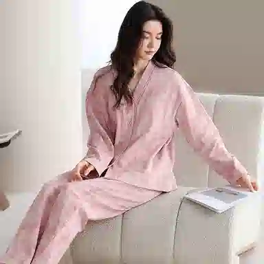 夏芬妍 时尚简约亲肤扎染风纯棉带胸垫开衫家居服舒适休闲长袖长裤可外穿春秋款睡衣套装 女款 粉色