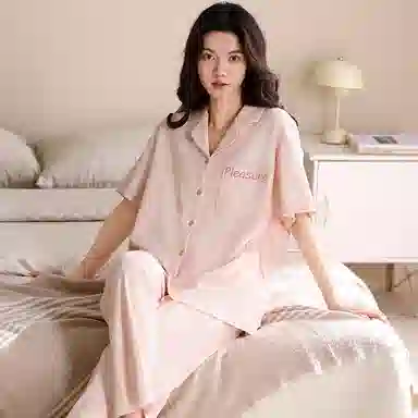 夏芬妍 简约舒适柔软不规则纹理纯棉家居服透气亲肤宽松短袖翻领三件套可外穿睡衣套装 女款 粉色