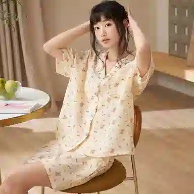 夏芬妍 甜美柔软舒适蝴蝶结小樱桃云朵棉翻领家居服亲肤休闲短袖短裤可外穿睡衣套装 女款 杏色