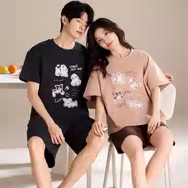 夏芬妍 简约柔软舒适可爱萌狗纯棉圆领家居服透气亲肤宽松短袖短裤可外穿睡衣套装 男女同款