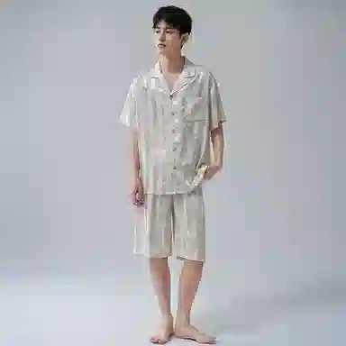 夏芬妍 简约休闲国风条纹竹叶冰丝翻领舒适亲肤宽松凉感短袖短裤时尚可外穿家居服夏季睡衣套装 男女同款